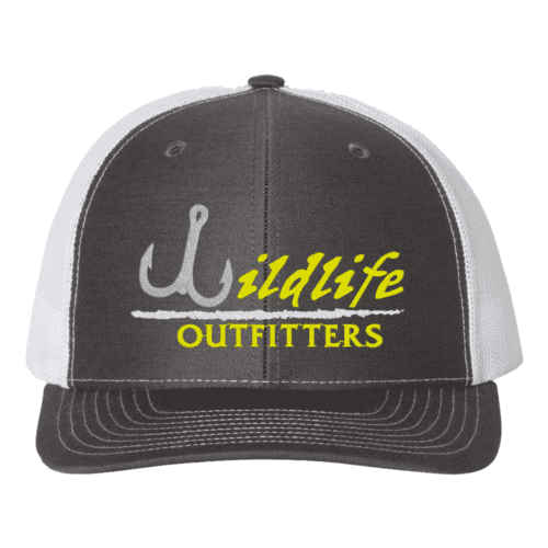 Charcoal, White Hat With Wildlife Outfitters fishing logo