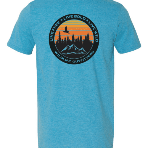Mountain Sunset Logo On The Sapphire Color Shirt Back Side