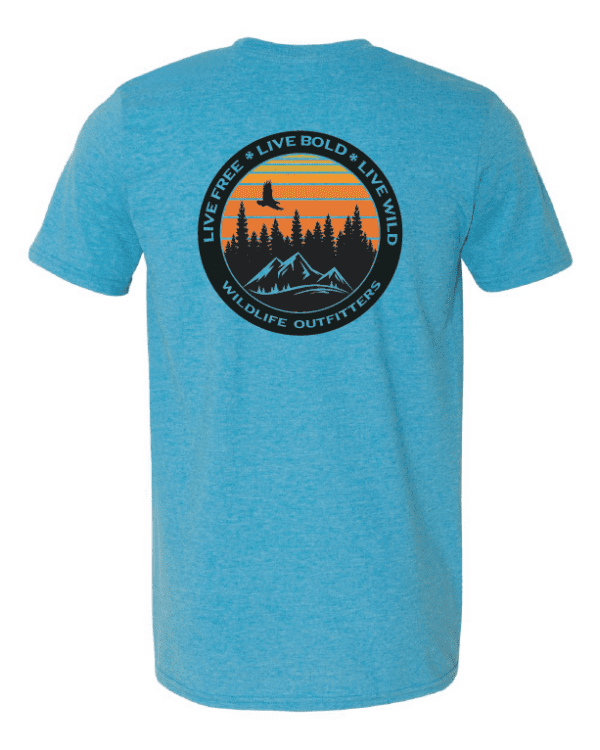 Mountain Sunset Logo On The Sapphire Color Shirt Back Side