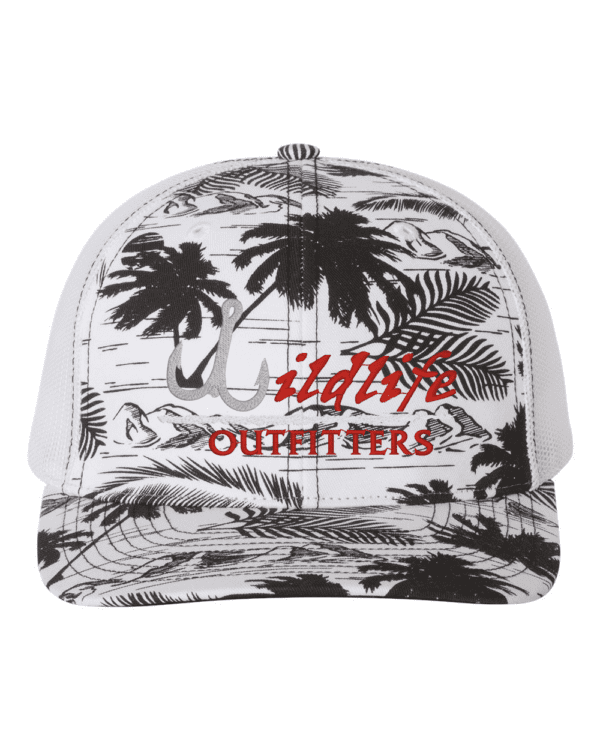 Full Panel Fishing Island Print Black And White Color Hat