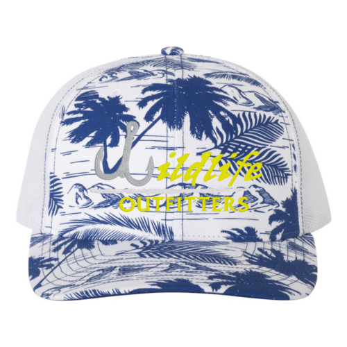 Full Panel Fishing Island Print Royal And White Color Hat
